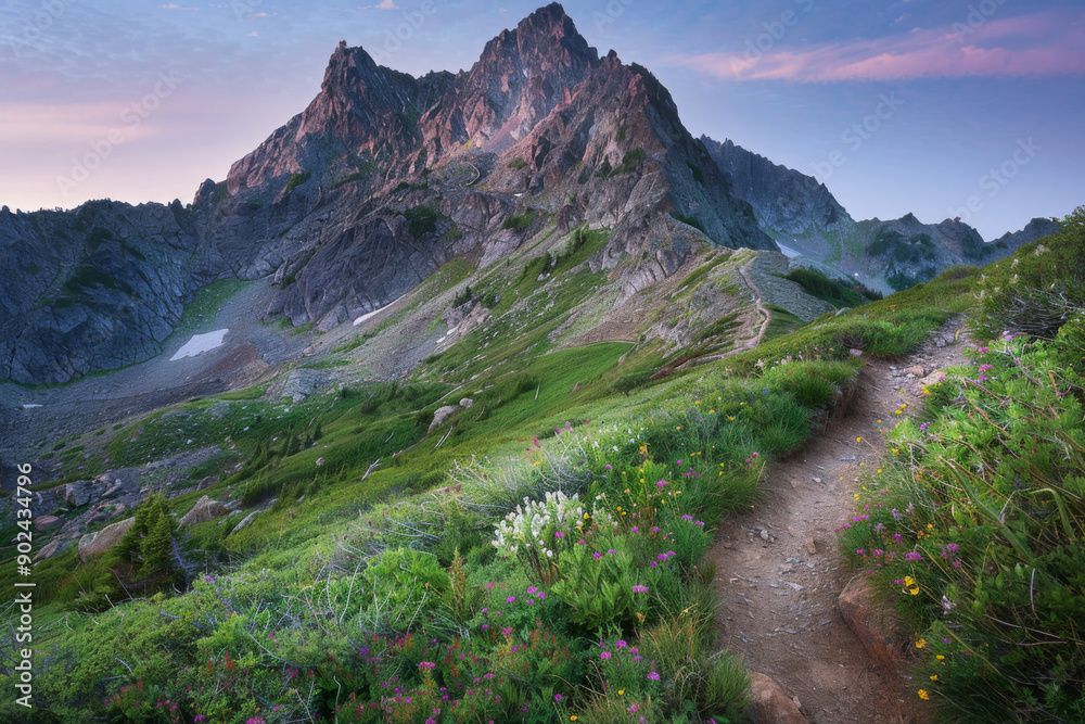 Naklejka premium A winding mountain path through wildflowers at sunset