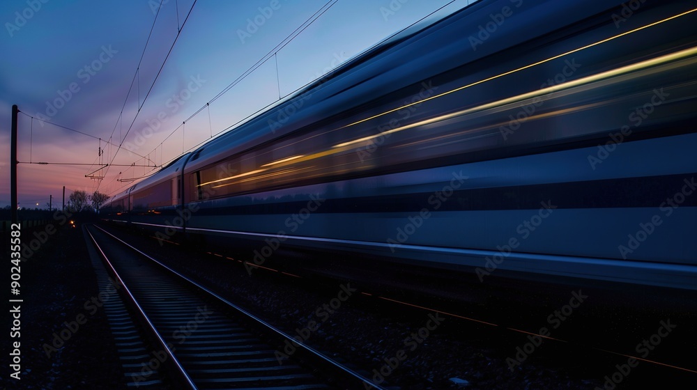 Fototapeta premium Fast Train at Night: High-Speed Motion and Blurred Lights Create a Dynamic Nighttime Scene. Captivating Urban Transport and Nighttime Atmosphere