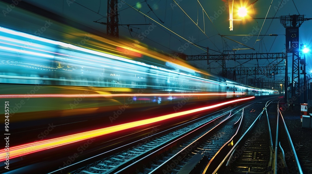 Fast Train at Night: High-Speed Motion and Blurred Lights Create a Dynamic Nighttime Scene. Captivating Urban Transport and Nighttime Atmosphere Fast Train at Night: High-Speed Motion and Blurred Lights Create a Dynamic Nighttime Scene. Captivating Urban Transport and Nighttime Atmosphere