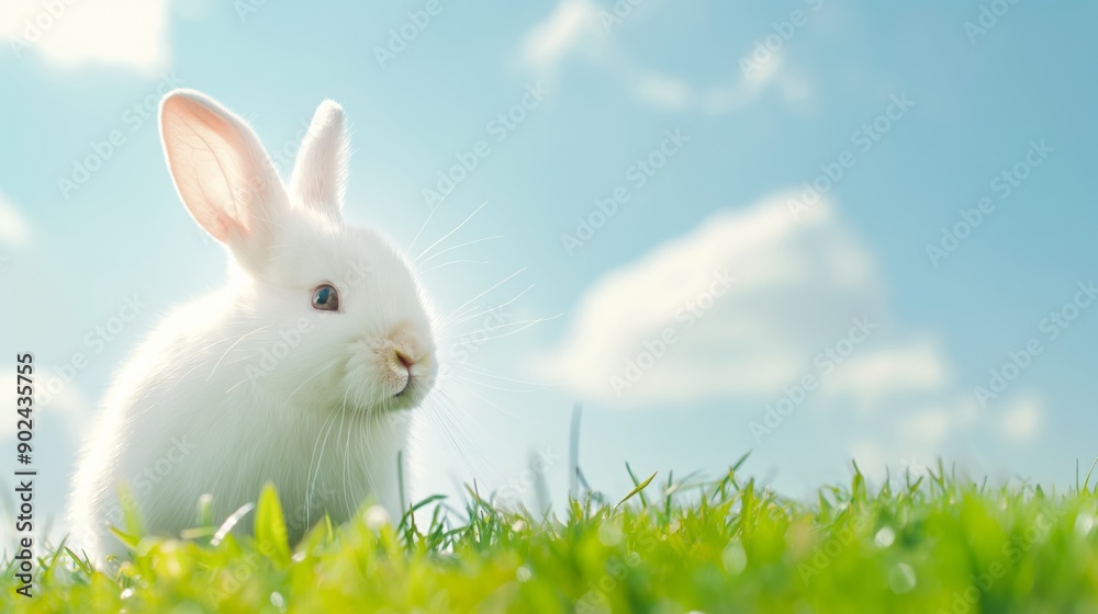 Obraz premium White rabbit sitting among bright green grass under clear blue sky in afternoon sunshine.