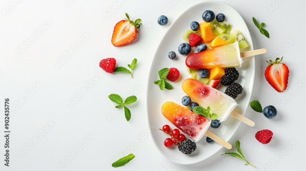 cool fruit popsicle on a white oval plate, on white background, Cooling food, Generative AI cool fruit popsicle on a white oval plate, on white background, Cooling food, Generative AI