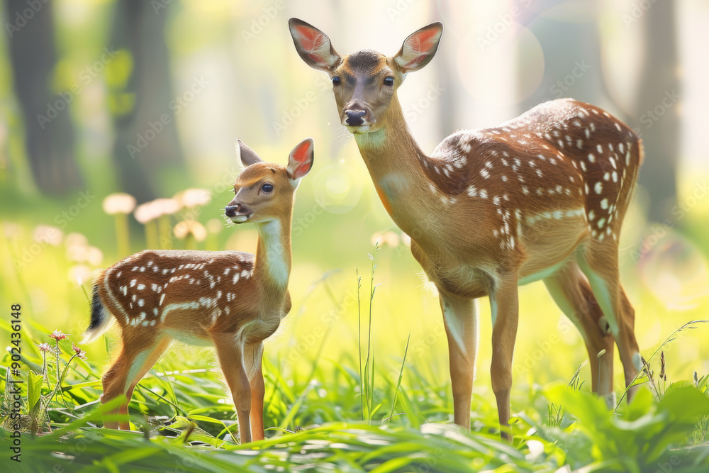 Fawn and Doe Standing in a Lush Meadow Fawn and Doe Standing in a Lush Meadow