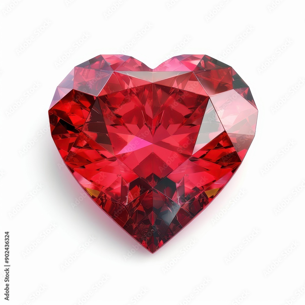 A heart-shaped ruby, its deep red facets glowing, isolated against a pure white background. A heart-shaped ruby, its deep red facets glowing, isolated against a pure white background.