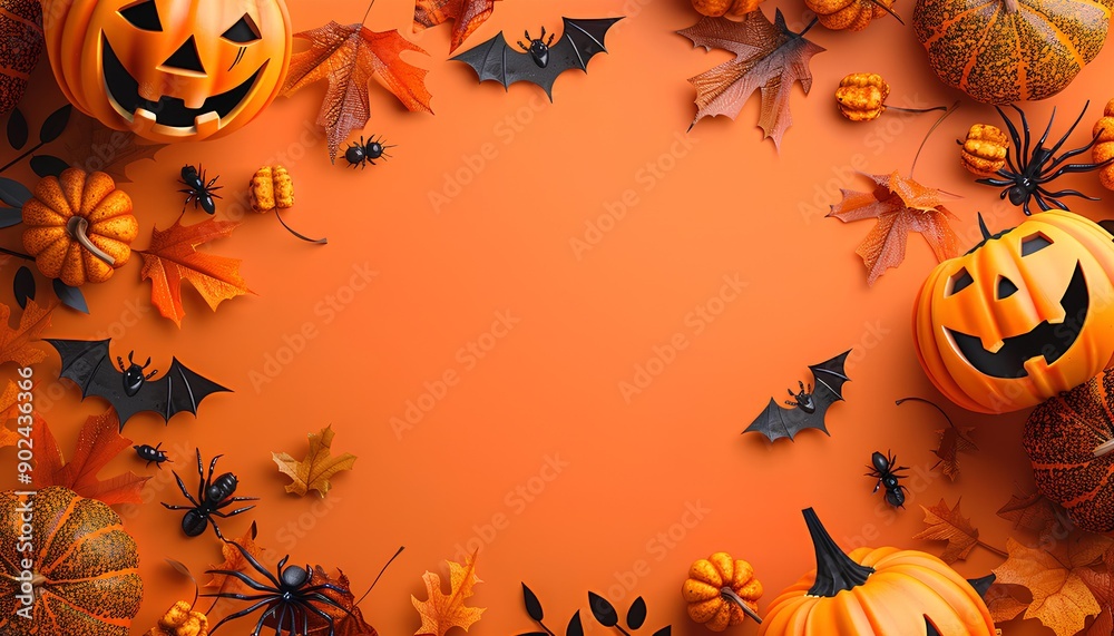 Halloween decorations around the frame on orange background, top view, Halloween concept