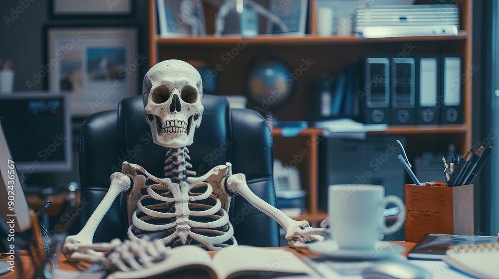 Office Desk with Skeleton, Symbolizing the Evolution of Medical Technology Over Time, AI-Generated Eerie Scene Office Desk with Skeleton, Symbolizing the Evolution of Medical Technology Over Time, AI-Generated Eerie Scene