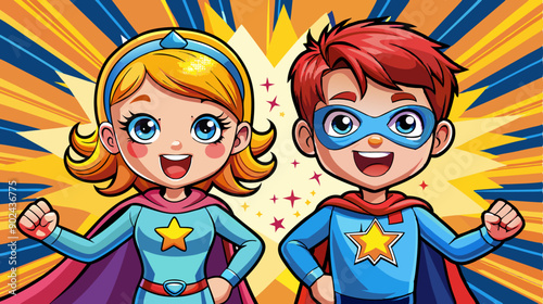 Pop art comic book style Wow couple. Surprised little girl and happy boy dressed like superheroes with open mouths show power and in retro pop art comic style. Invitation poster