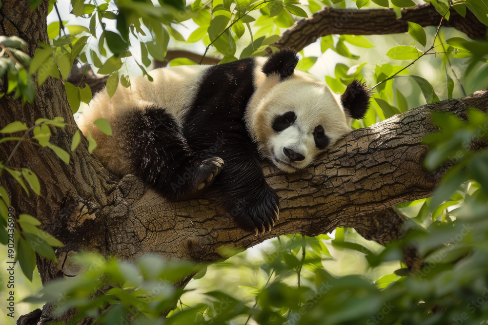 Fototapeta premium Sleeping Panda Bear Resting on Tree Branch