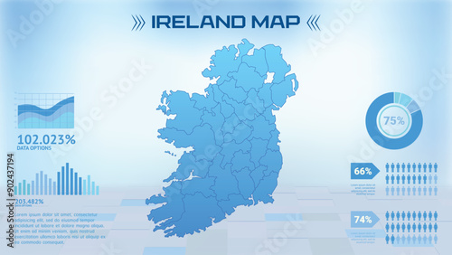 Blue Ireland Map with States, Political Ireland infographic map vector illustration