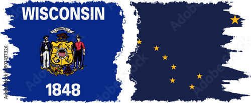 Alaska and Wisconsin states grunge brush flags connection, vector