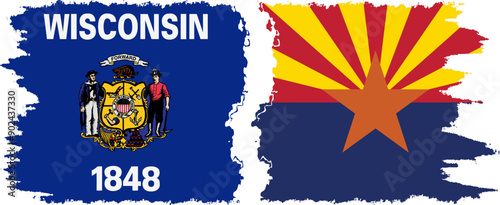 Arizona and Wisconsin states grunge brush flags connection, vector