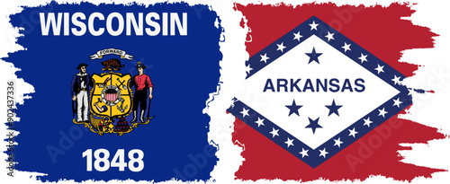 Arkansas and Wisconsin states grunge brush flags connection, vector
