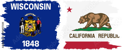 California and Wisconsin states grunge brush flags connection, vector