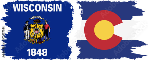 Colorado and Wisconsin states grunge brush flags connection, vector