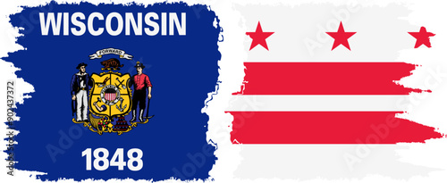 District of Columbia USA - Washington, DC and Wisconsin state grunge brush flags connection, vector