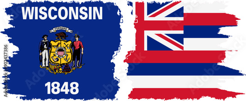 Hawaii and Wisconsin states grunge brush flags connection, vector