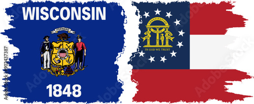 Georgia and Wisconsin states grunge brush flags connection, vector