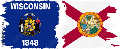Florida and Wisconsin states grunge brush flags connection, vector