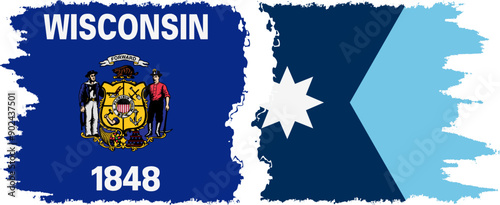 Minnesota 2024 and Wisconsin states grunge brush flags connection, vector
