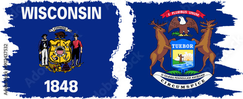 Michigan and Wisconsin states grunge brush flags connection, vector