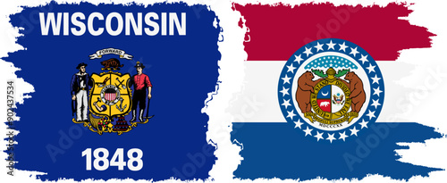 Missouri and Wisconsin states grunge brush flags connection, vector