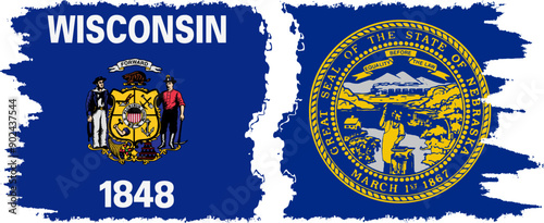 Nebraska and Wisconsin states grunge brush flags connection, vector
