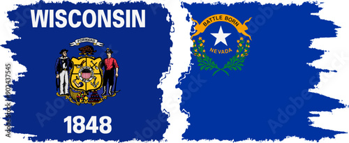 Nevada and Wisconsin states grunge brush flags connection, vector