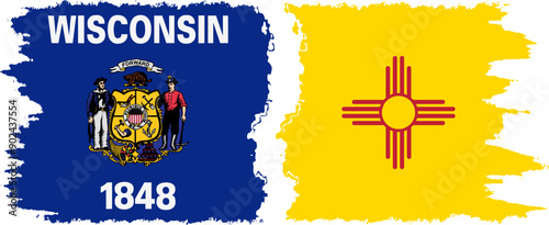 New Mexico and Wisconsin states grunge brush flags connection, vector