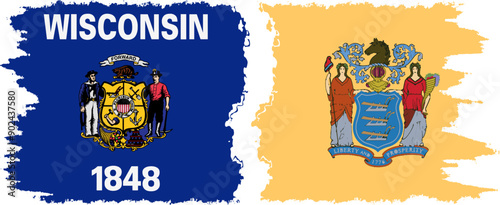 New Jersey and Wisconsin states grunge brush flags connection, vector