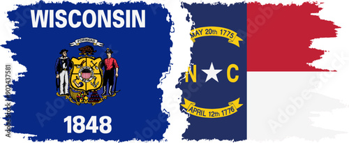 North Carolina and Wisconsin states grunge brush flags connection, vector