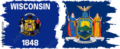 New York and Wisconsin states grunge brush flags connection, vector