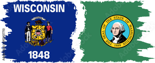 Washington and Wisconsin states grunge brush flags connection, vector