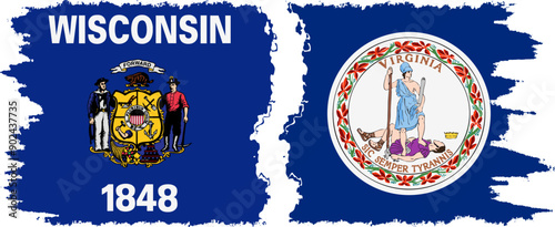 Virginia and Wisconsin states grunge brush flags connection, vector