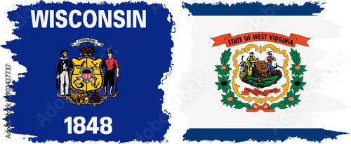 West Virginia and Wisconsin states grunge brush flags connection, vector