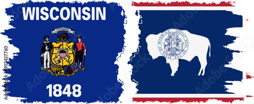 Wyoming and Wisconsin states grunge brush flags connection, vector