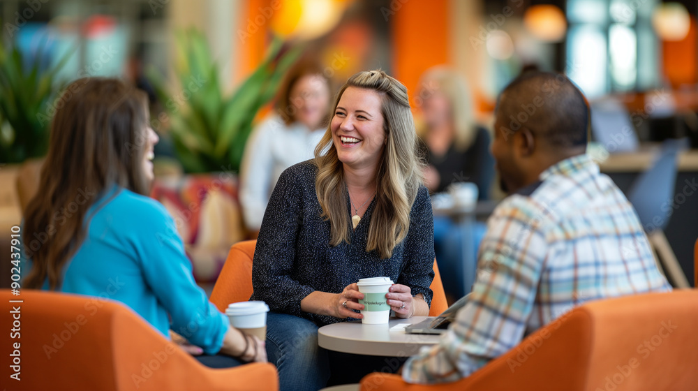 Small groups of employees engaged in casual conversation, coffee cups in hand, relaxed and smiling, vibrant office decor in the background, upper third copy space. Love, Responsibi Small groups of employees engaged in casual conversation, coffee cups in hand, relaxed and smiling, vibrant office decor in the background, upper third copy space. Love, Responsibi
