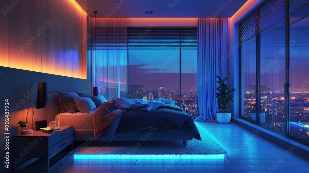 A bedroom with a bed, nightstand, and a potted plant A bedroom with a bed, nightstand, and a potted plant