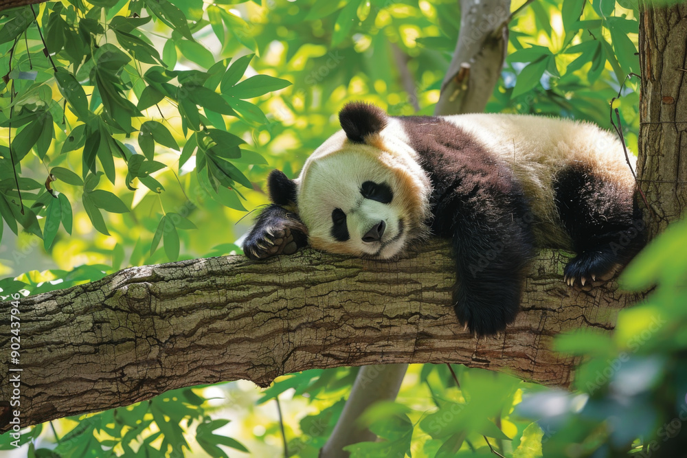 Obraz premium A Relaxed Panda Bear Napping on a Tree Branch