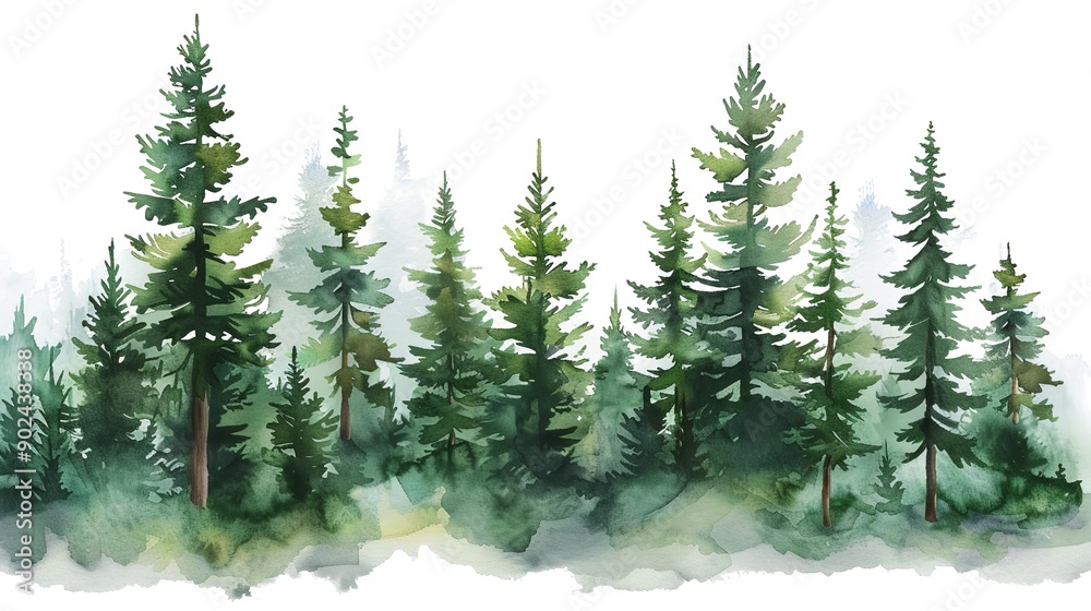 Fototapeta premium Forest Illustration on White Background: Lush Green Trees and Natural Landscape in a Clean and Simple Design.