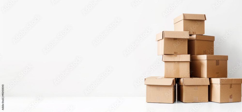  cardboard boxes stacked on each other against a white background, 