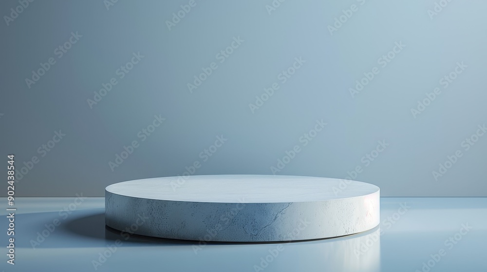 A large, empty, white pedestal sits in a room with a blue wall