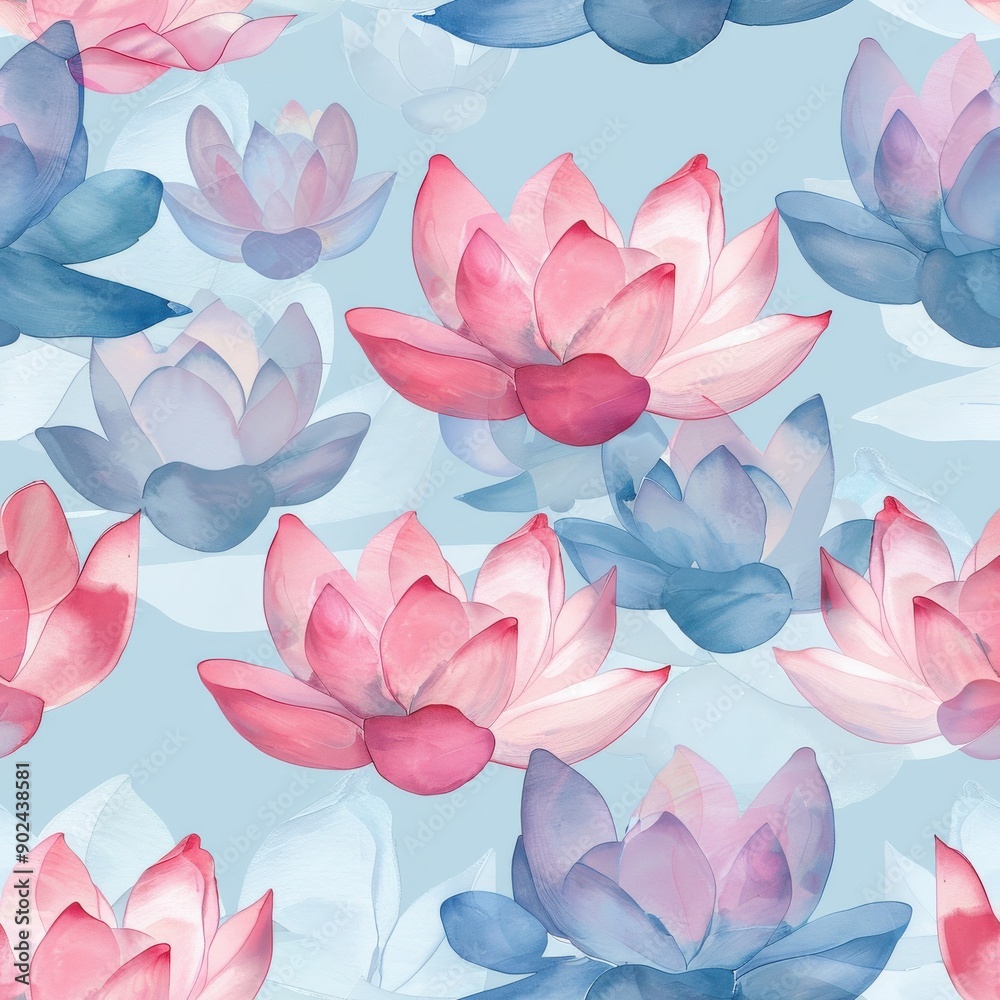 A seamless pattern of pink lotus and flowers with hints of yellow and white, capturing the beauty of water lilies and summer blooms in a garden setting
