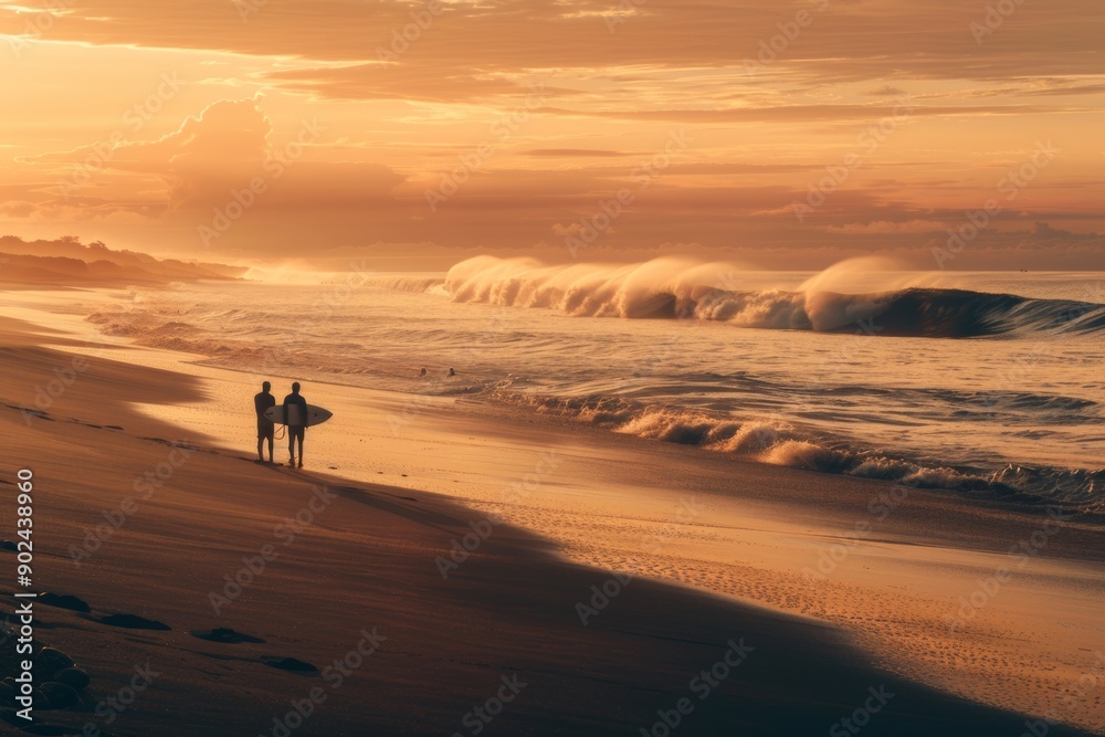 Majestic view of surfers standing on a beach at Playa Venao, enjoying the sunset and watching big breaking waves in the Pacific Ocean. Majestic view of surfers standing on a beach at Playa Venao, enjoying the sunset and watching big breaking waves in the Pacific Ocean.