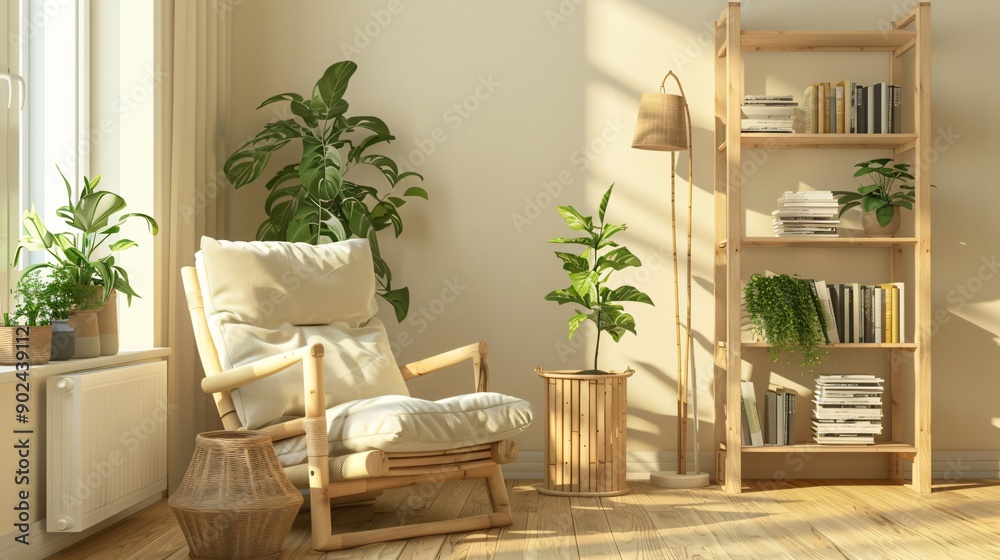 A comfortable living room with a bamboo recliner, bamboo side table, bamboo floor lamp, and a bamboo bookshelf A comfortable living room with a bamboo recliner, bamboo side table, bamboo floor lamp, and a bamboo bookshelf