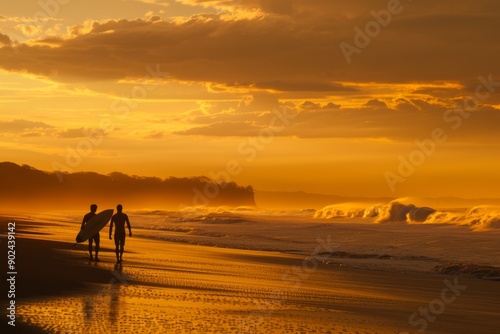 Surfers enjoy a peaceful moment on a beach at Playa Venao, watching big breaking waves in the Pacific Ocean after sunset. 