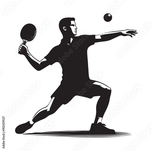 Silhouette of Athletic Man Playing Table Tennis with Racket and Ball
