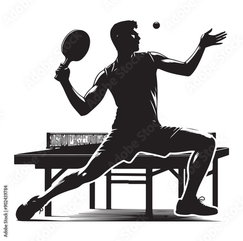 Silhouette of Athletic Man Playing Table Tennis with Racket and Ball
