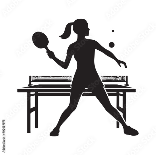 Silhouette of Athletic Man Playing Table Tennis with Racket and Ball
