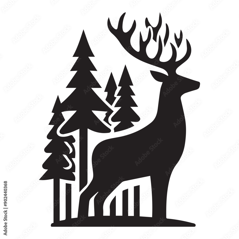 Elegant Deer Silhouette with Geometric Sunburst Background, Wildlife Illustration for Logo Design Elegant Deer Silhouette with Geometric Sunburst Background, Wildlife Illustration for Logo Design