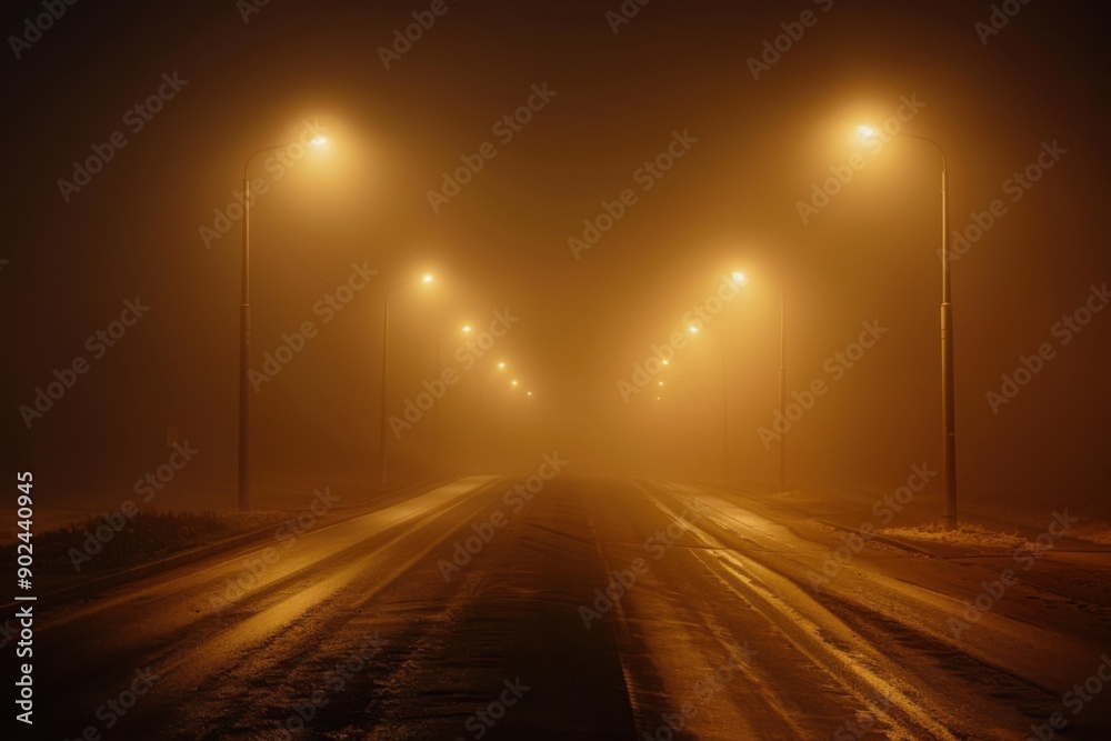 Night Road. Foggy Mist Creates Eerie Atmosphere on Urban City Street Night Road. Foggy Mist Creates Eerie Atmosphere on Urban City Street