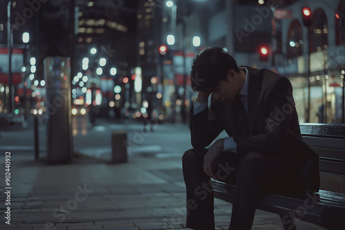 An Asian businessman sits at a bench during night, looking exhausted and stressed.